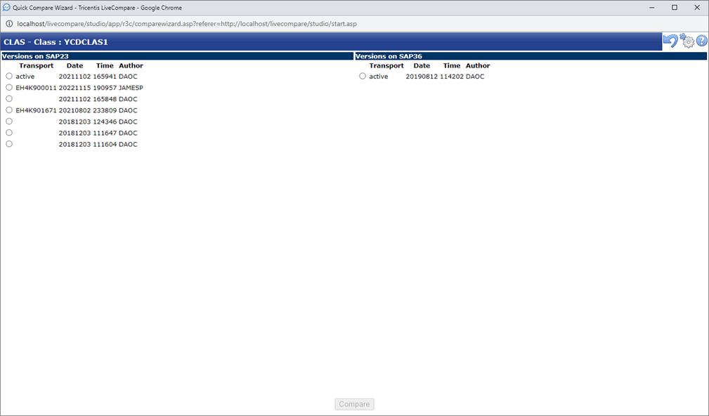 Quick Compare Wizard Versions screen (classes).