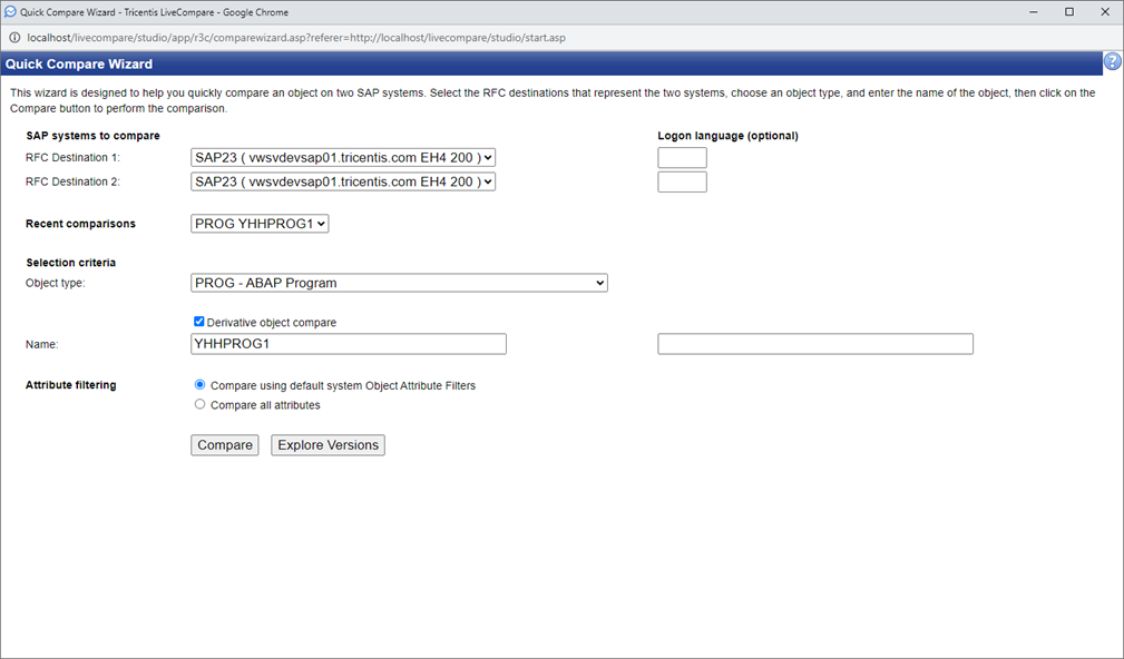 Quick Compare Wizard screen (derivative object comparison).