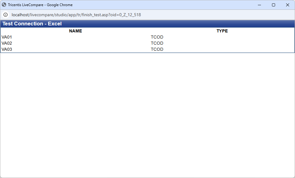 Test Connection screen (Excel).