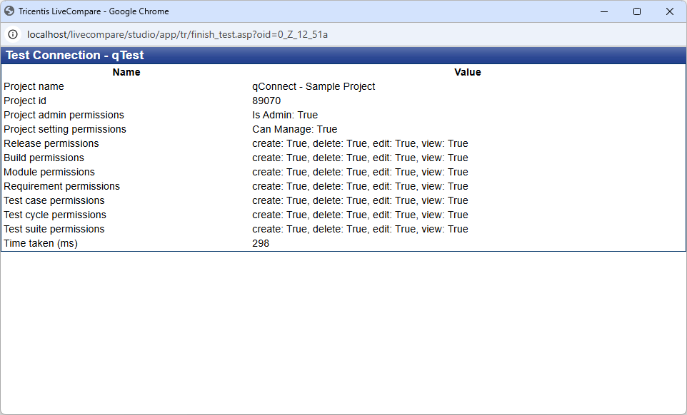 Test Connection screen (qTest).