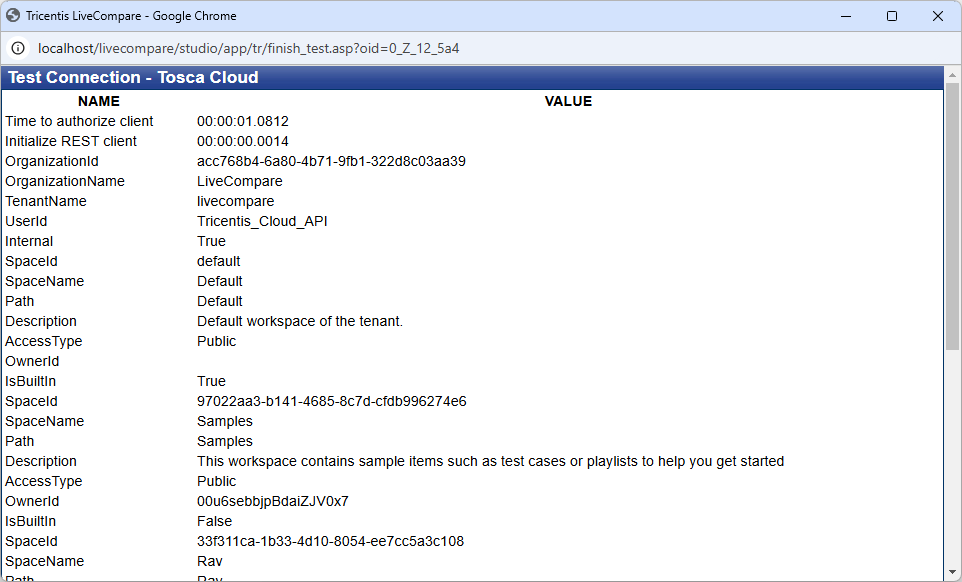 Test Connection screen (Tosca Cloud integration).