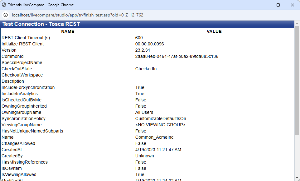 Test Connection screen (Tosca REST integration).