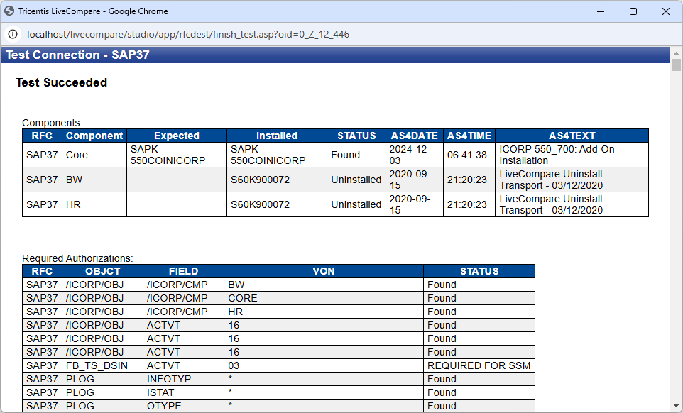 Test Connection screen.