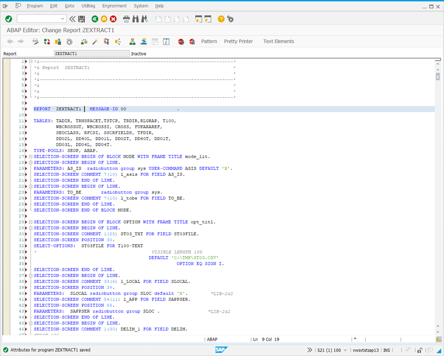 ABAP Editor: Change Report screen.