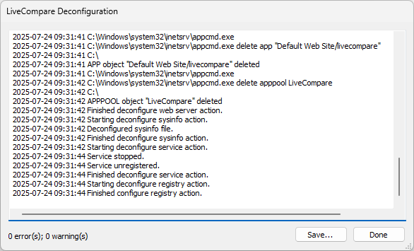 LiveCompare Deconfiguration screen.
