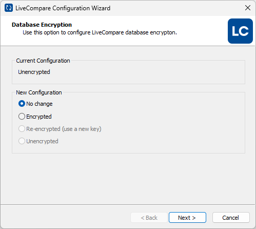 Database Encryption screen.