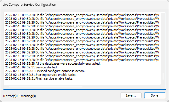LiveCompare Service Configuration screen.