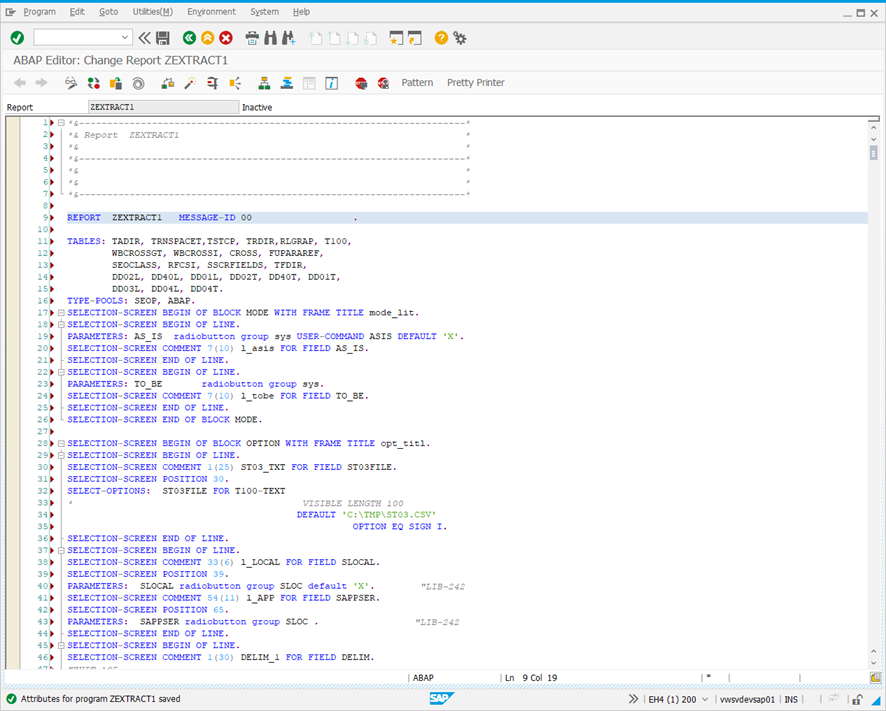 ABAP Editor: Change Report screen.