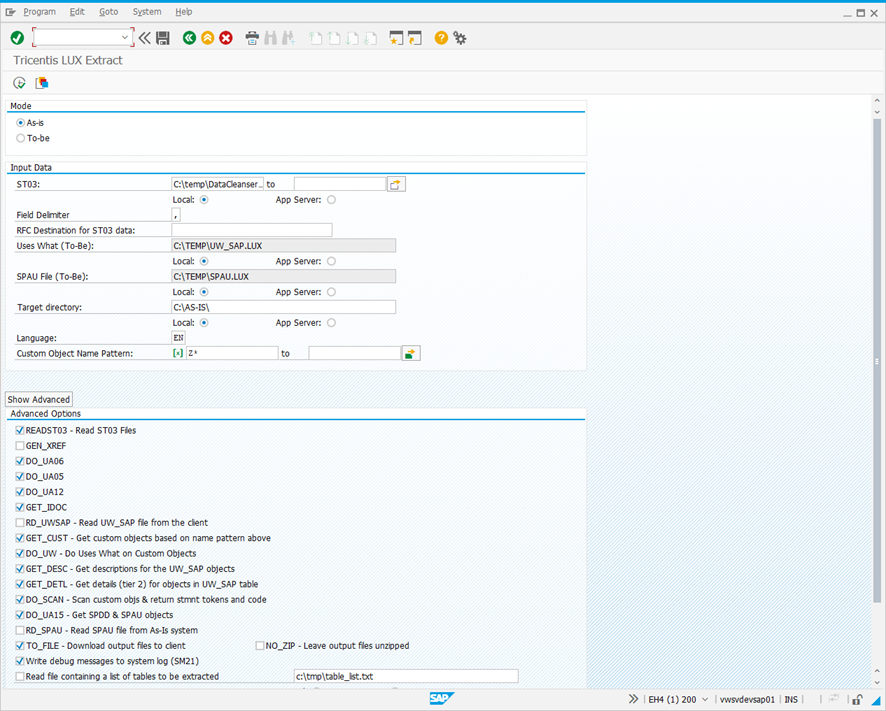 Tricentis LUX Extract screen.