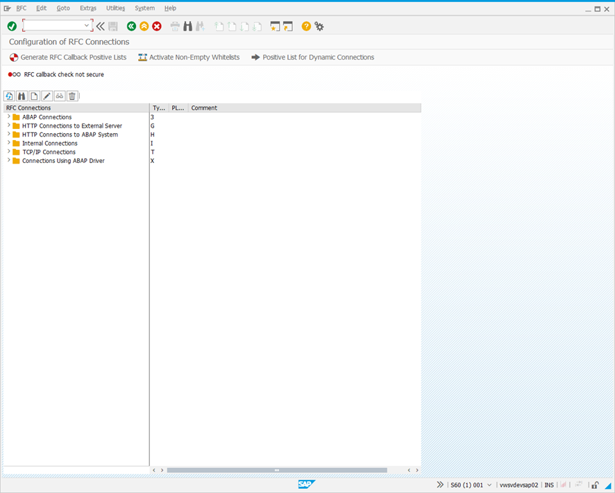 Configuration of RFC Destinations screen.