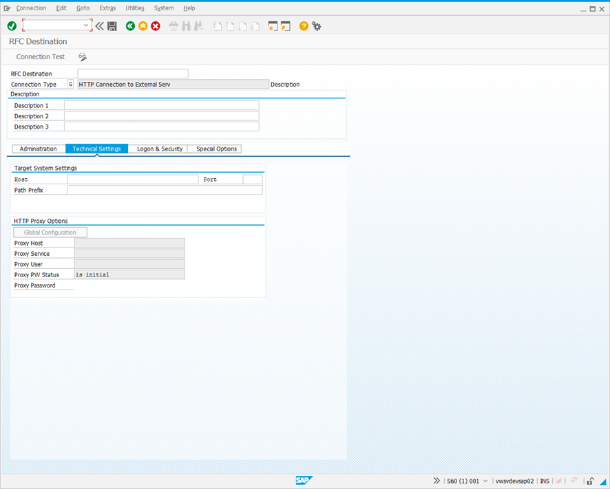 RFC Destination screen.