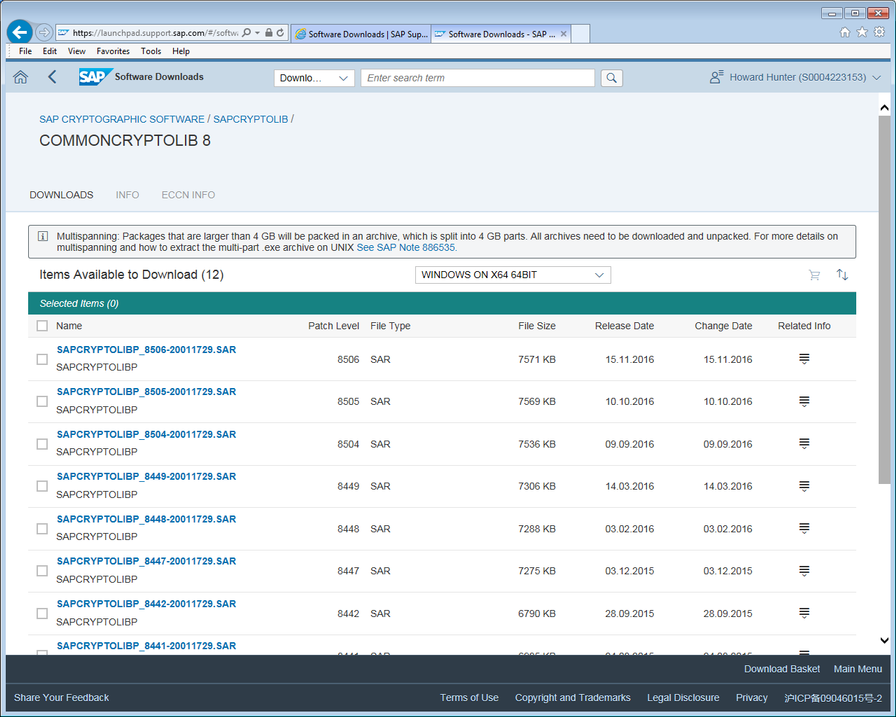 Software Downloads screen (COMMONCRYPTOLIB).