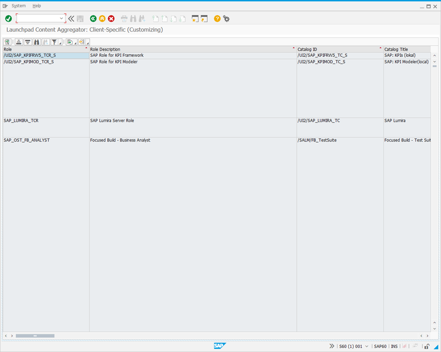 SAP Fiori Launchpad Content Aggregator: Client-Specific (Customizing) screen.