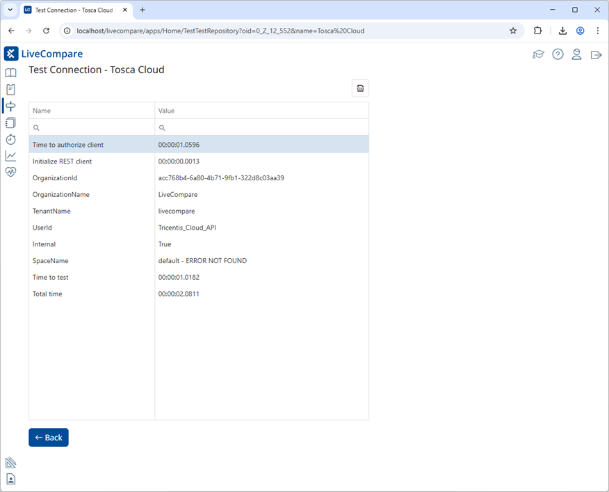 Test Connection screen (Test Repository).