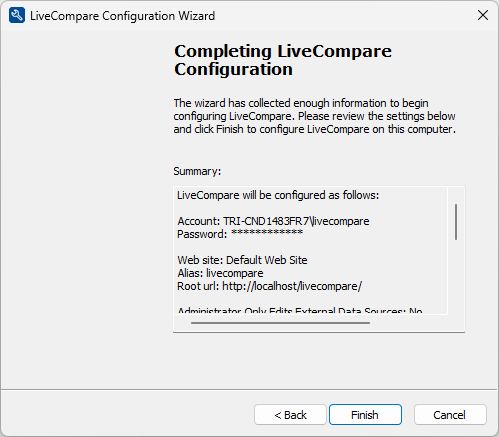 Completing LiveCompare Configuration screen.