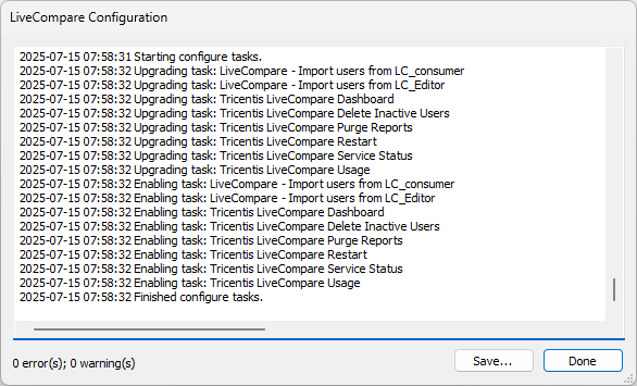 LiveCompare Configuration screen.