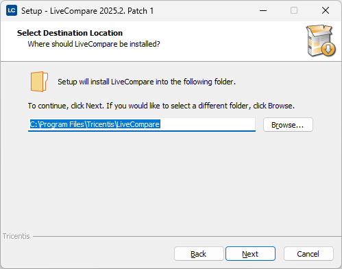 Select Destination Location screen.