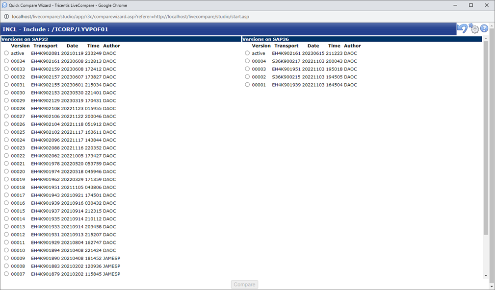 Quick Compare Wizard Versions screen.