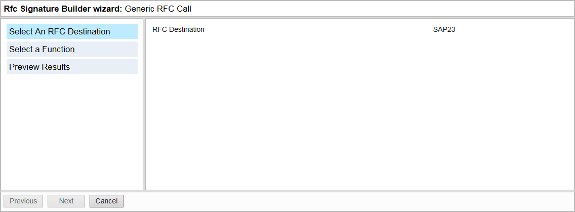 Select an RFC Destination screen.