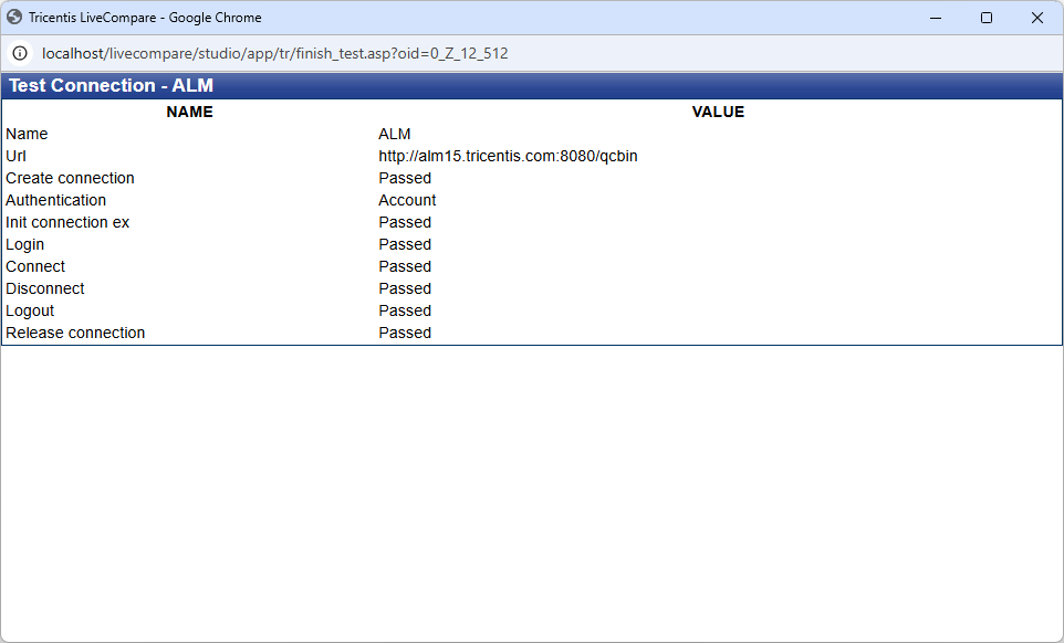 Test Connection screen (ALM).