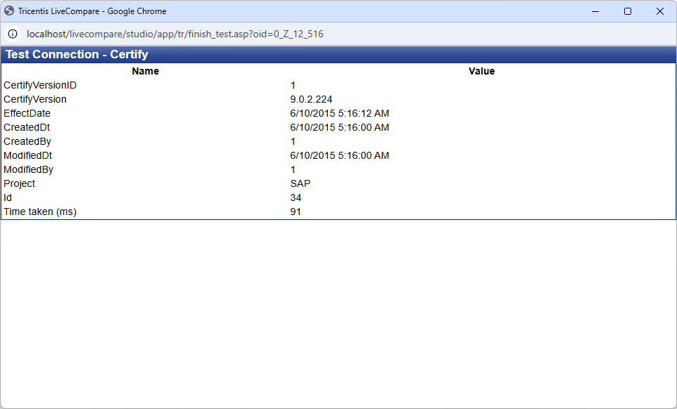 Test Connection screen (Certify).
