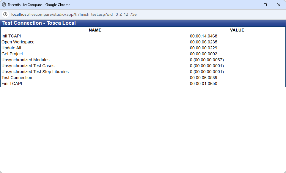Test Connection screen (Tosca Local integration).