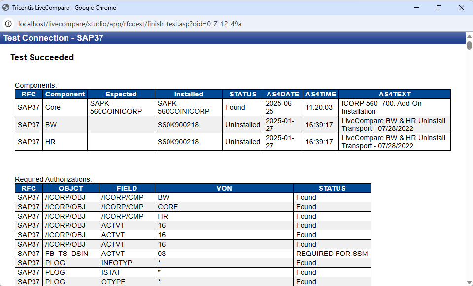 Test Connection screen.