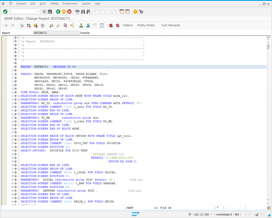 ABAP Editor: Change Report screen.