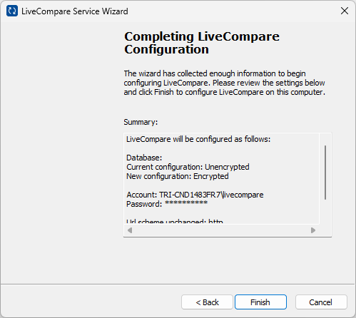 Completing LiveCompare Configuration screen.