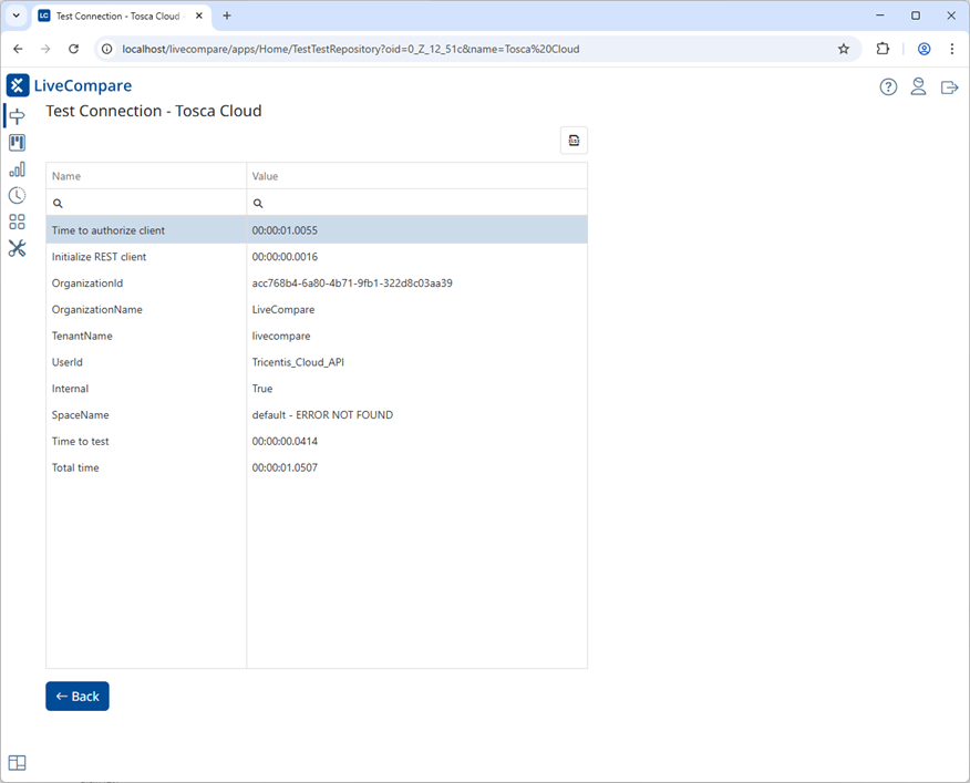Test Connection screen (Test Repository).
