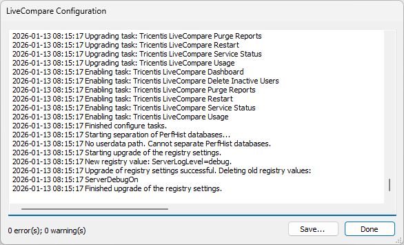 LiveCompare Configuration screen.