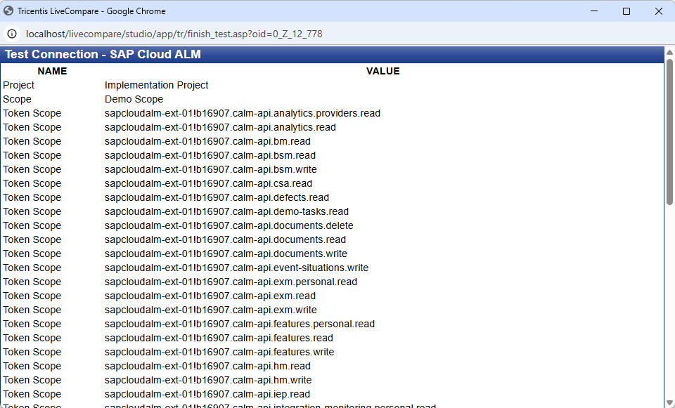 Test Connection screen (SAP Cloud ALM).