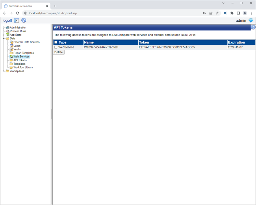 API Tokens screen.