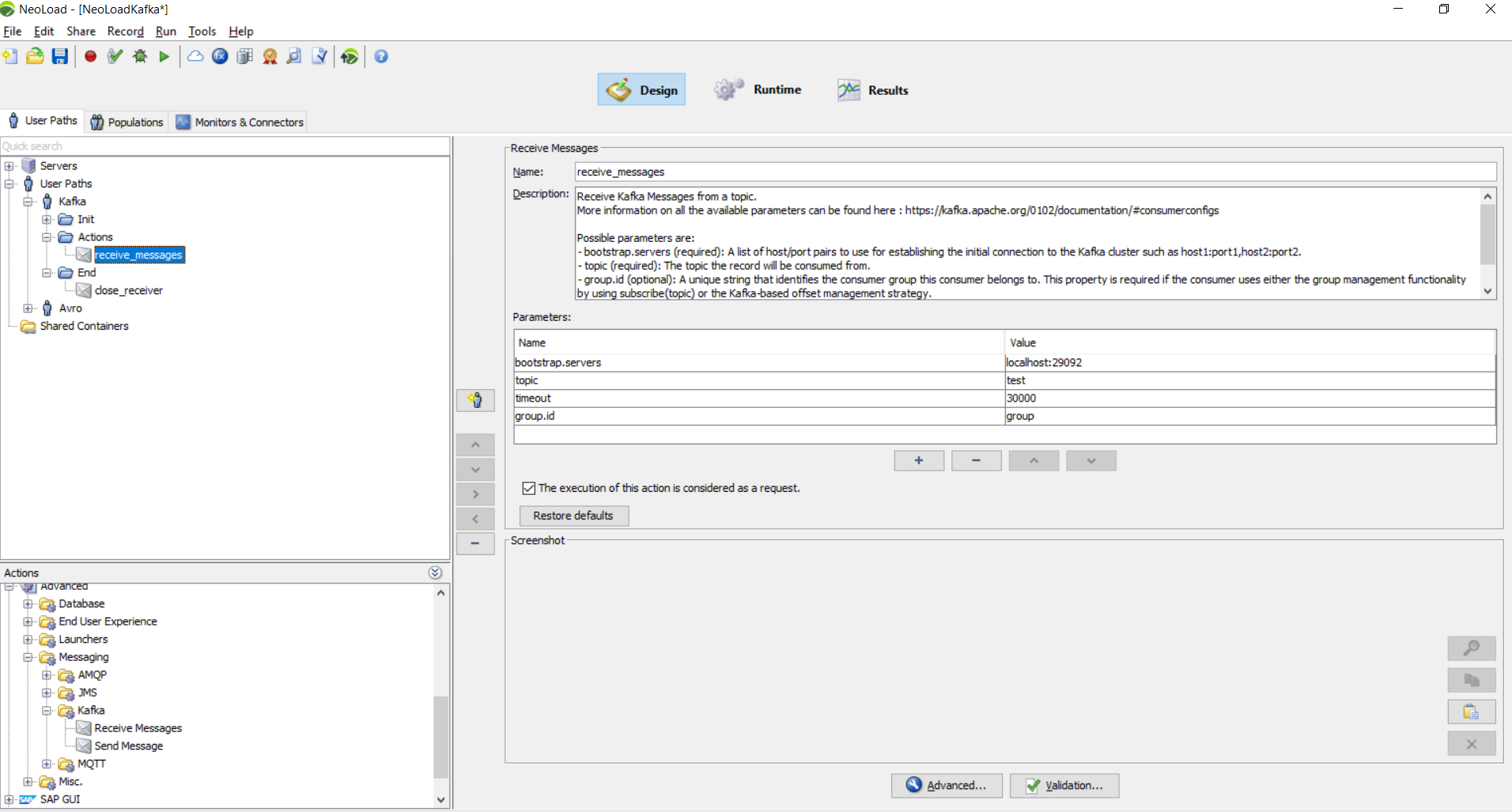 Screenshot showing Kafka receive message configuration with bootstrap servers and topic parameters