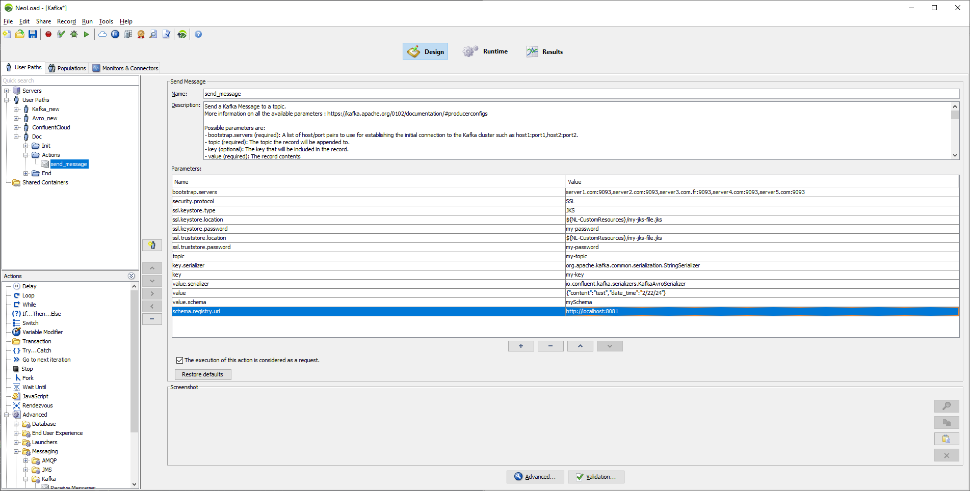 Screenshot showing Kafka send message configuration with SSL and Avro serialization parameters