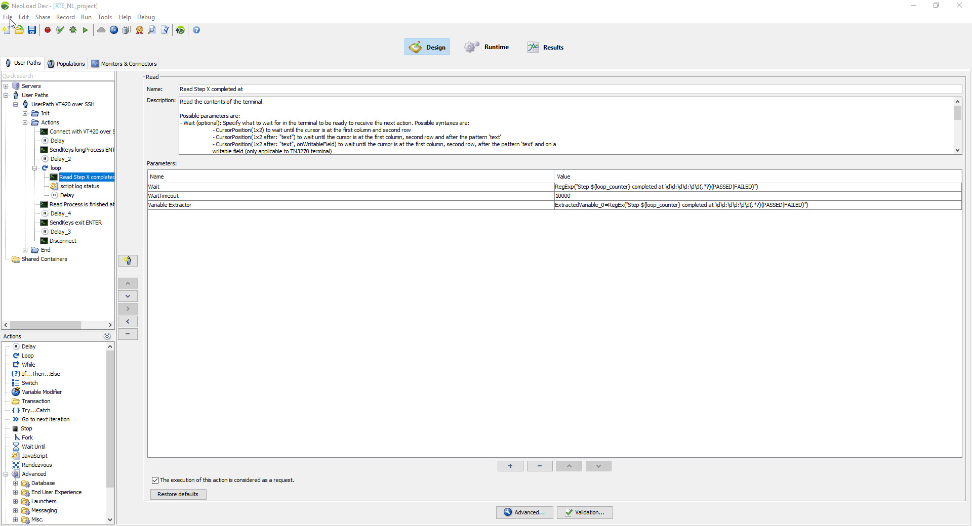 Screenshot showing wait condition configuration for RTE Read action