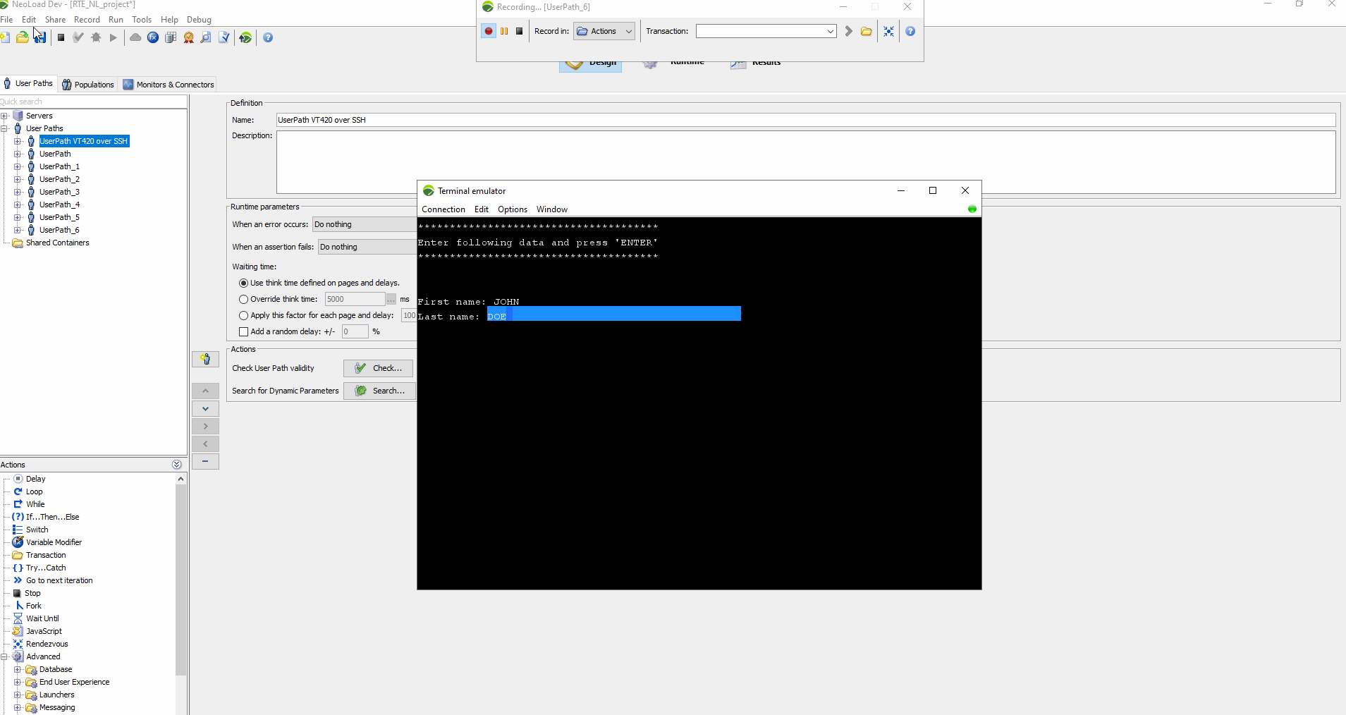 Screenshot showing RTE SendKeys actions split by additional action keys