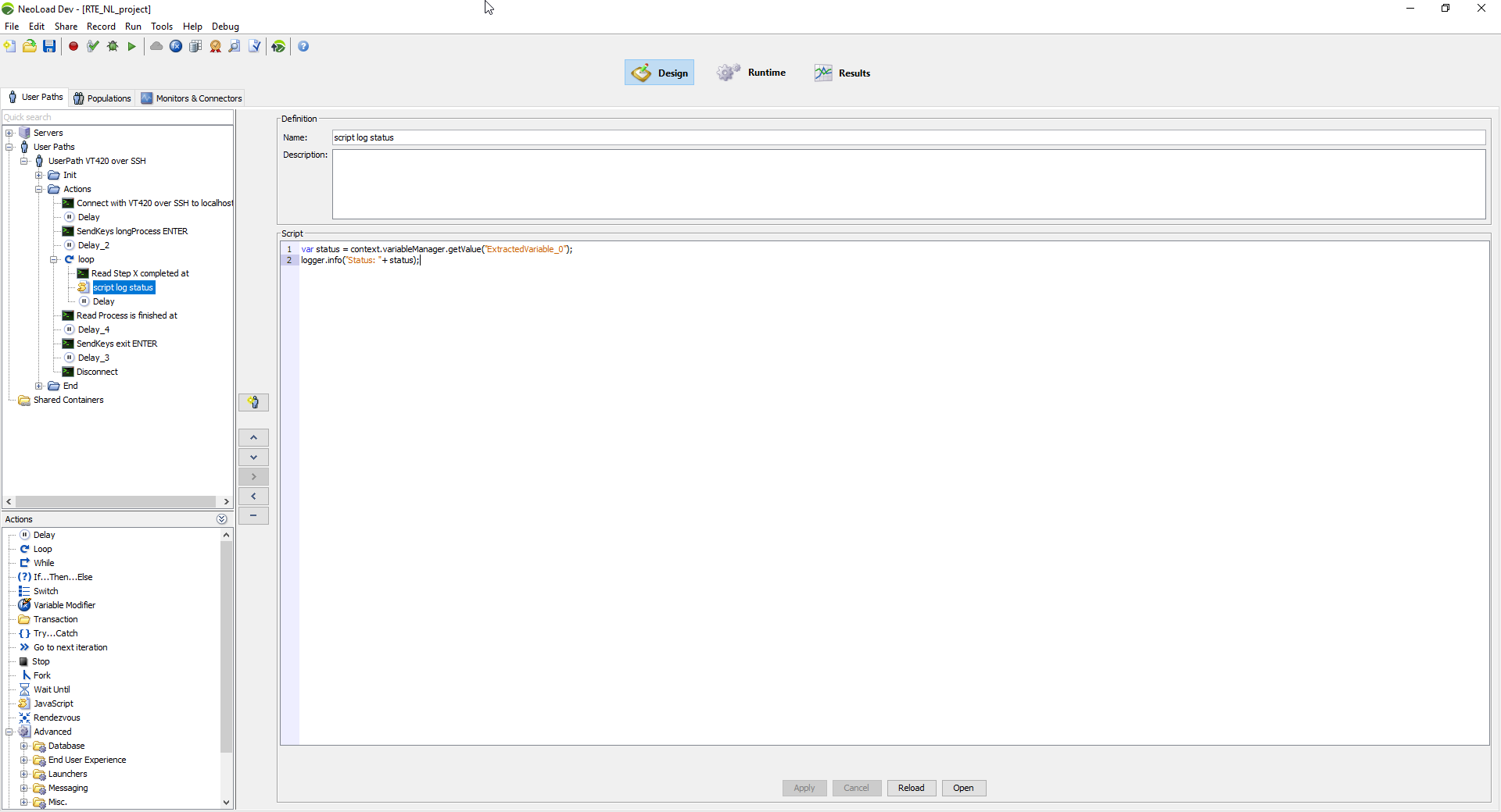 Screenshot showing JavaScript code for extracting and logging variable status