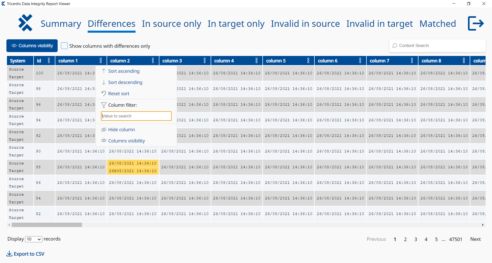 Verwenden Sie Such-, Sortier-, Filter- und Exportoptionen im Data Integrity Report Viewer.