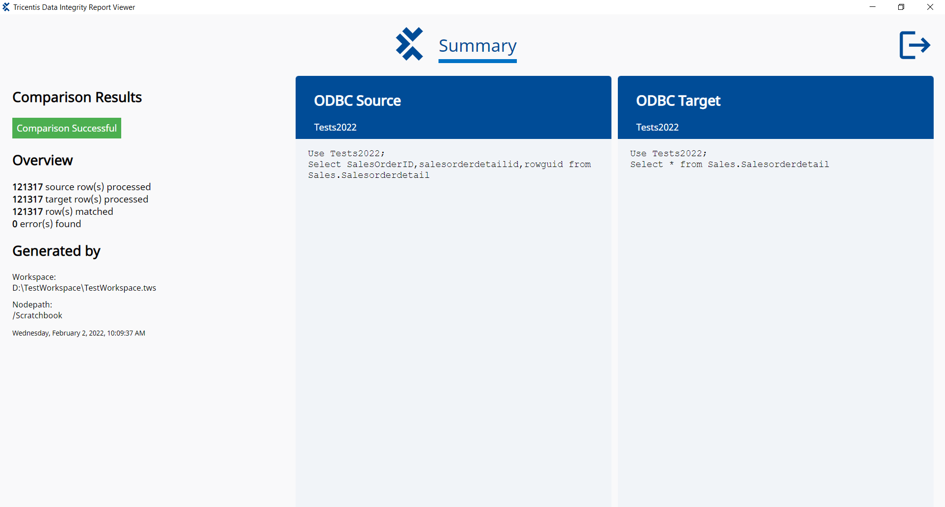 Data Integrity Report Viewer displays a report of a successful comparison.