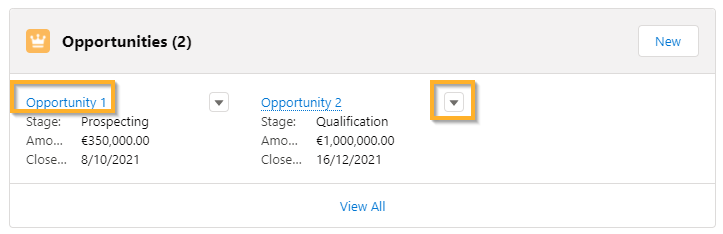 確認および操縦するマーク済みのコントロールを含む、Salesforce 内のカードとして表示される関連リスト。
