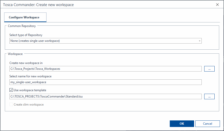 Tosca-Fenster „Create workspace“ mit ausgefüllten Optionen für einen Singleuser-Arbeitsbereich