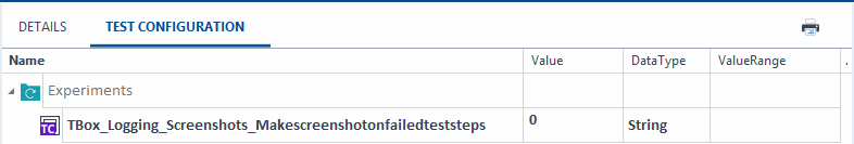 Der Reiter „Test configuration“ des Testfallordners „Experiments“ zeigt den TCP „TBox_Logging_Screenshots_Makescreenshotonfailedteststeps“ mit dem Wert „0“.