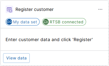 Activity 'Register customer' with UI indicators that the activity is linked to test data and a reusable test step.