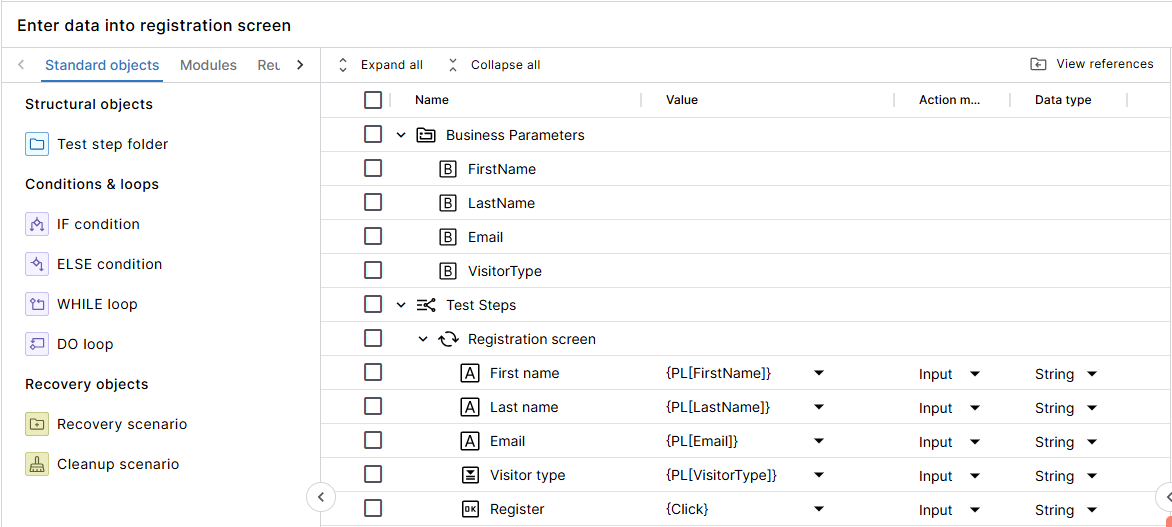 Reusable test step with controls, business parameters, and references to the parameters in the controls.