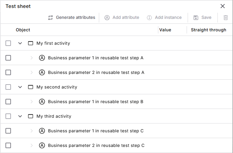 Test sheet with activity folders and attributes in each activity folder