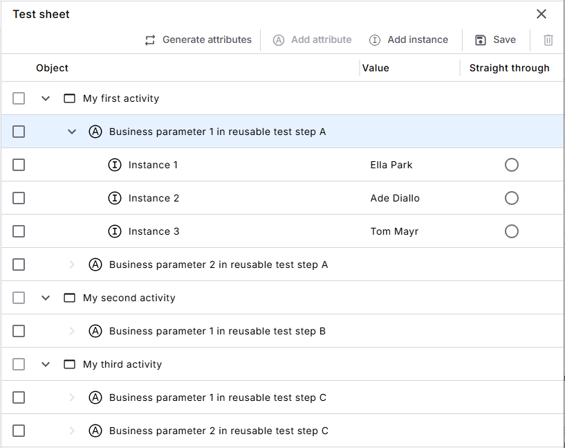 Test sheet where the first attribute has three instances: 'Instance 1' with the value 'Ella Park', 'Instance 2' with the value 'Ade Diallo', 'Instance 3' with the value 'Tom Mayr'. 
