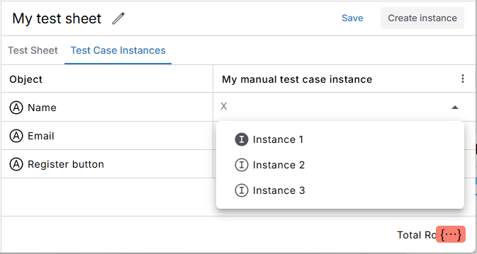 Manual test case instance. One attribute has an expanded dropdown that shows all attribute instances you can choose.