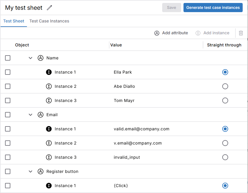Test sheet with 3 attributes (Name, Email, Register). Name has 3 instances with different names, Email has 3 instances with different emails, Register has one instance with the value {Click}. 