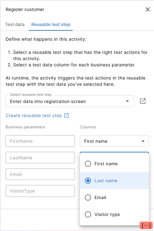再利用可能なテストステップのリンク画面。3つのビジネスパラメータにはすでに選択された列があり、1つのビジネスパラメータはデータセット内のすべてのカラムを含むドロップダウンを表示しています。